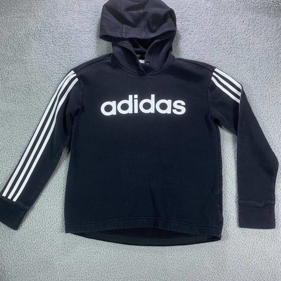 Adidas Hoodie Girls‎ Small 8-10 Black Hooded Long Sleeve 3 Stripes Logo Running - Picture 1 of 15